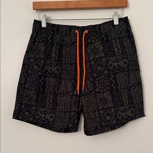 J. Crew Black Geometric Swim Trunks with Orange Drawstring